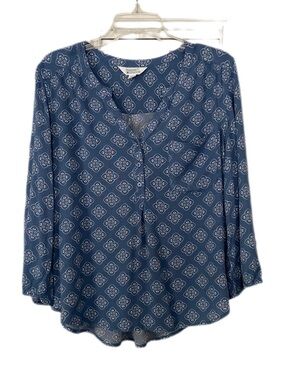 Market & Spruce Blue and White Printed Henley Blouse Size LP